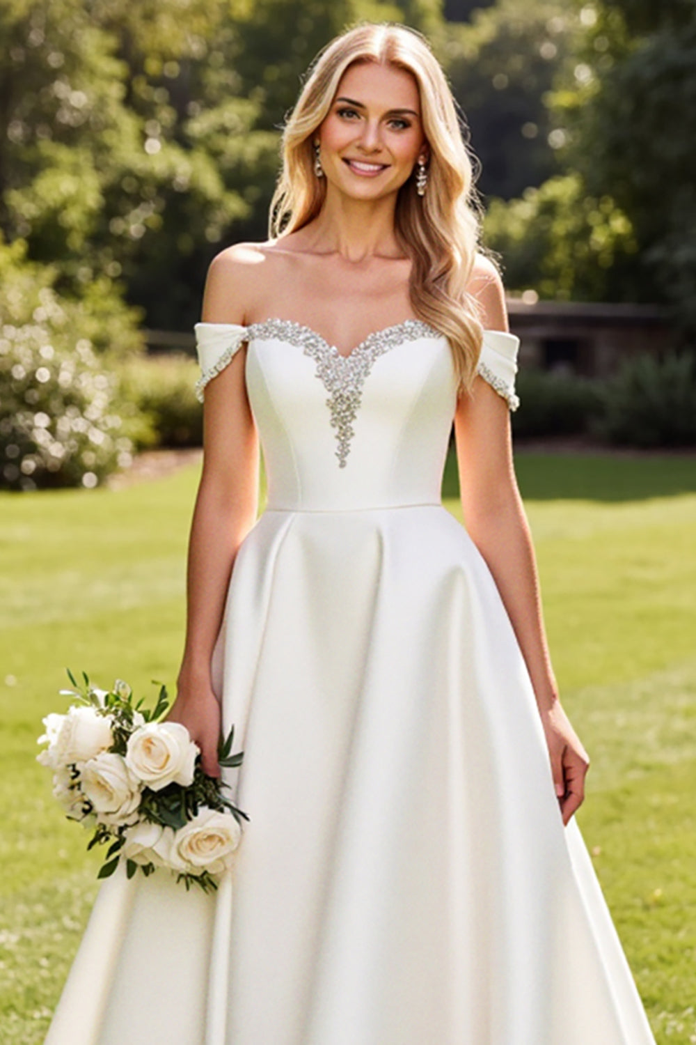 White A-Line Rhinestones Off The Shoulder Satin Long Bridal Dress