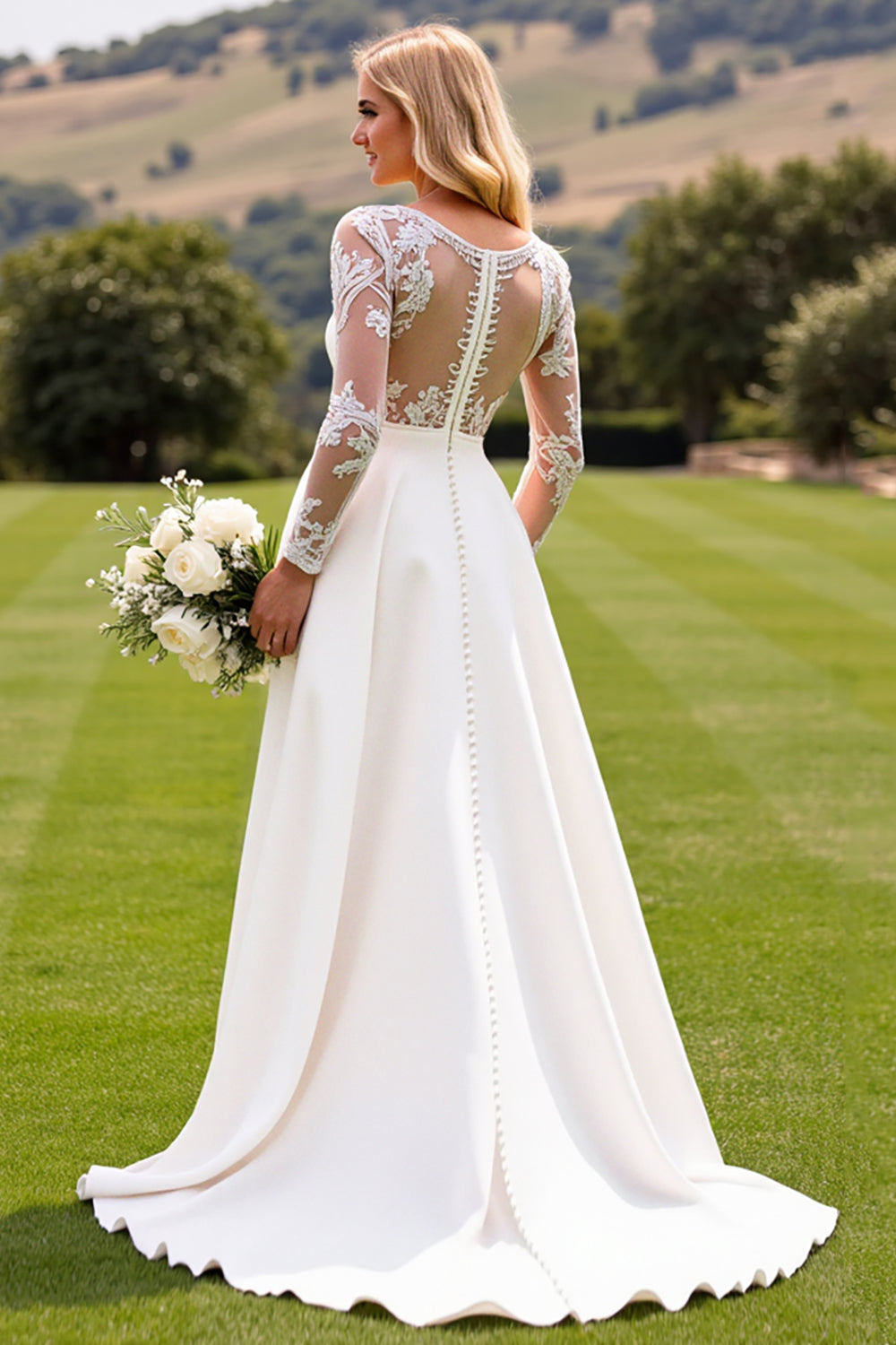 White Bodycon Deep V Neck Long Sleeves Satin Bridal Jumpsuit