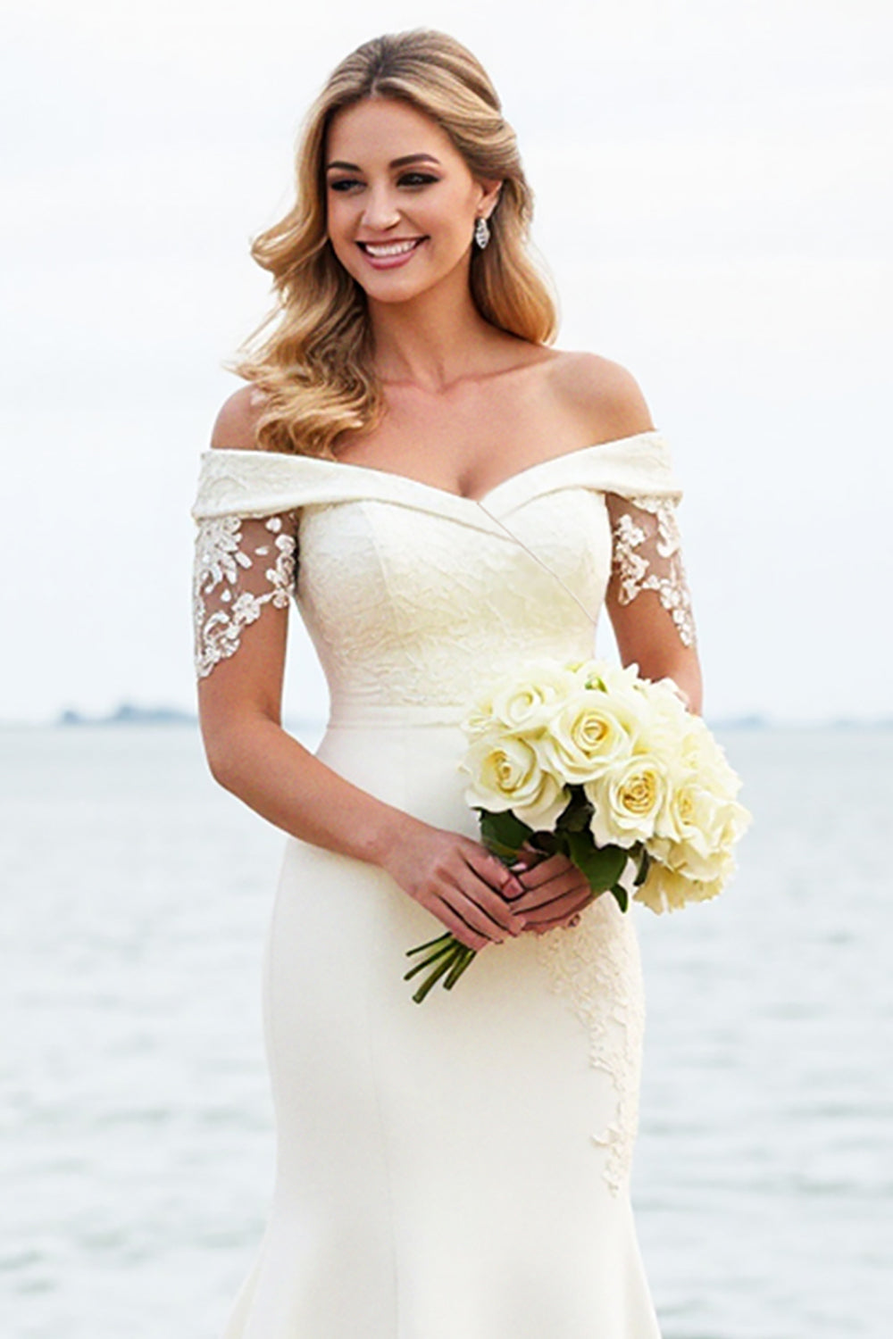 White Mermaid Off The Shoulder Satin Long Bridal Dress With Lace