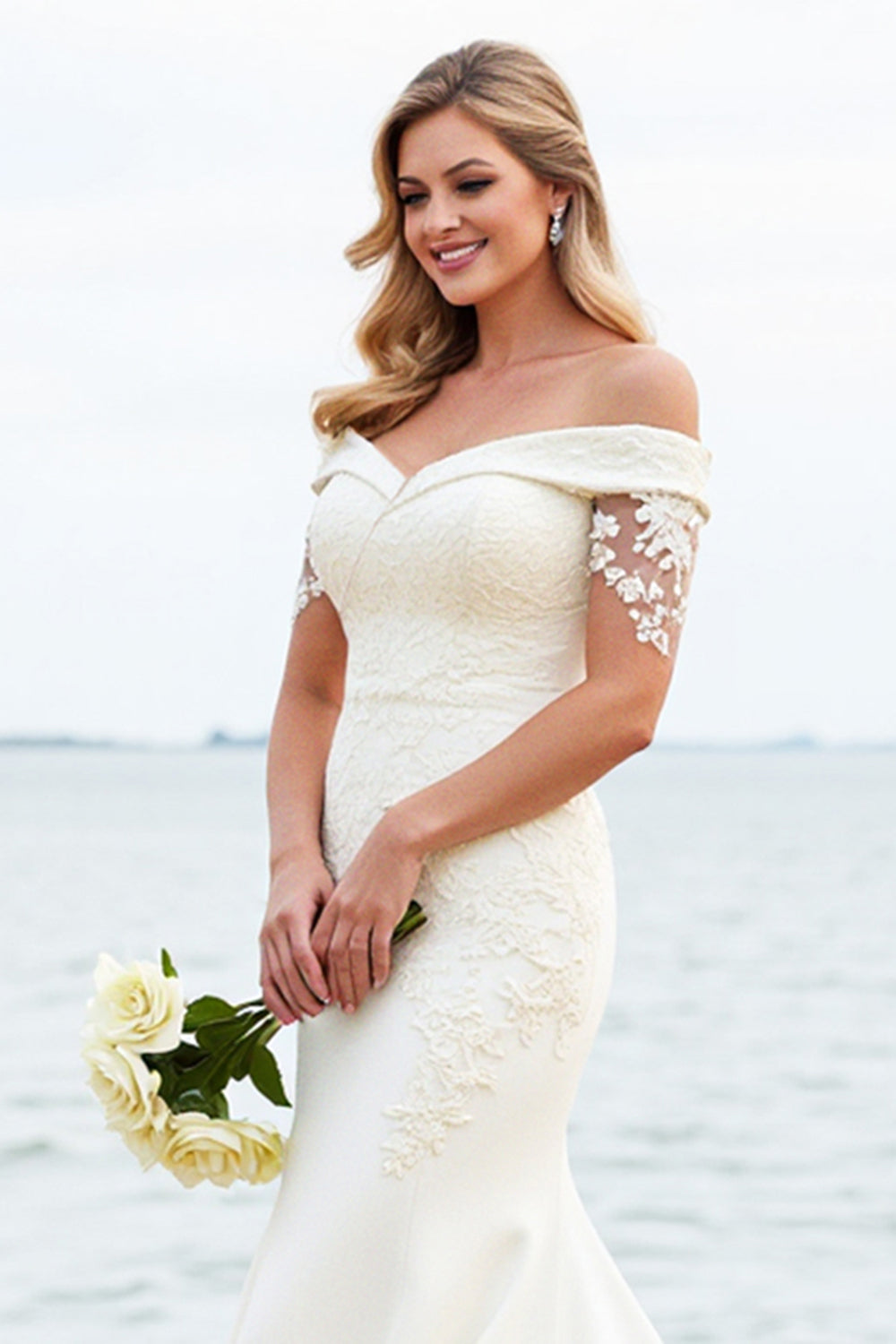 White Mermaid Off The Shoulder Satin Long Bridal Dress With Lace