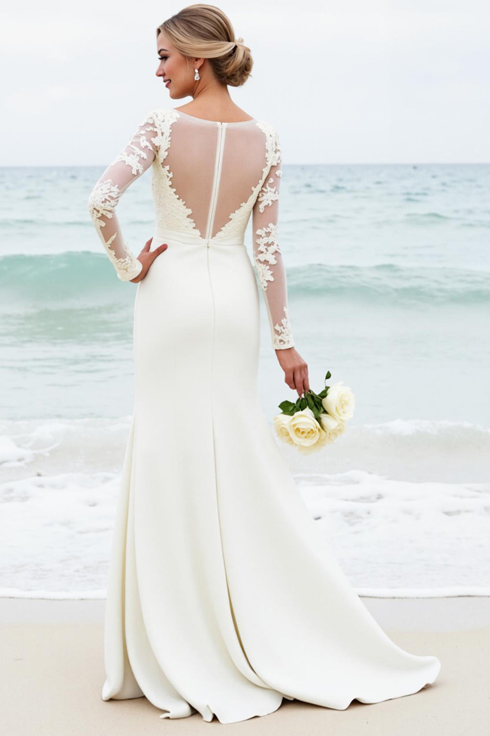 White Mermaid Long Sleeves Scoop Satin Bridal Dress With Lace