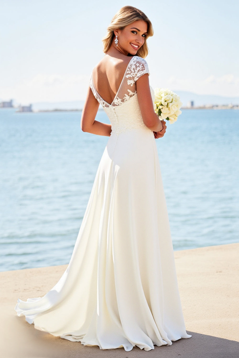 White Sheath Laced Scoop Satin Long Bridal Dress