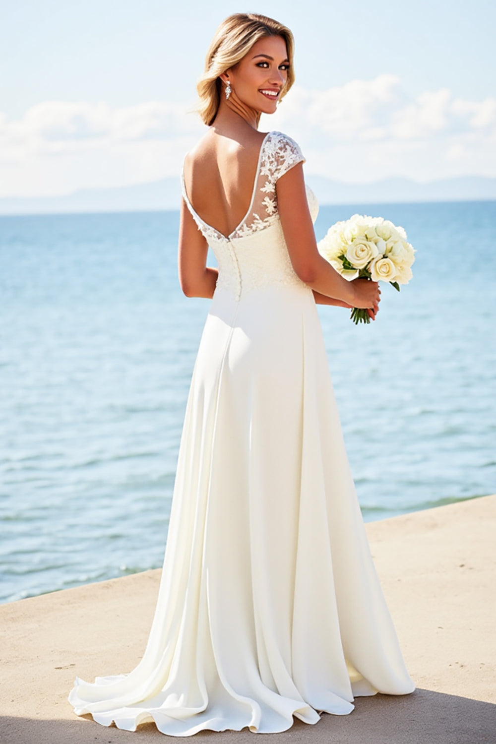 White Sheath Laced Scoop Satin Long Bridal Dress