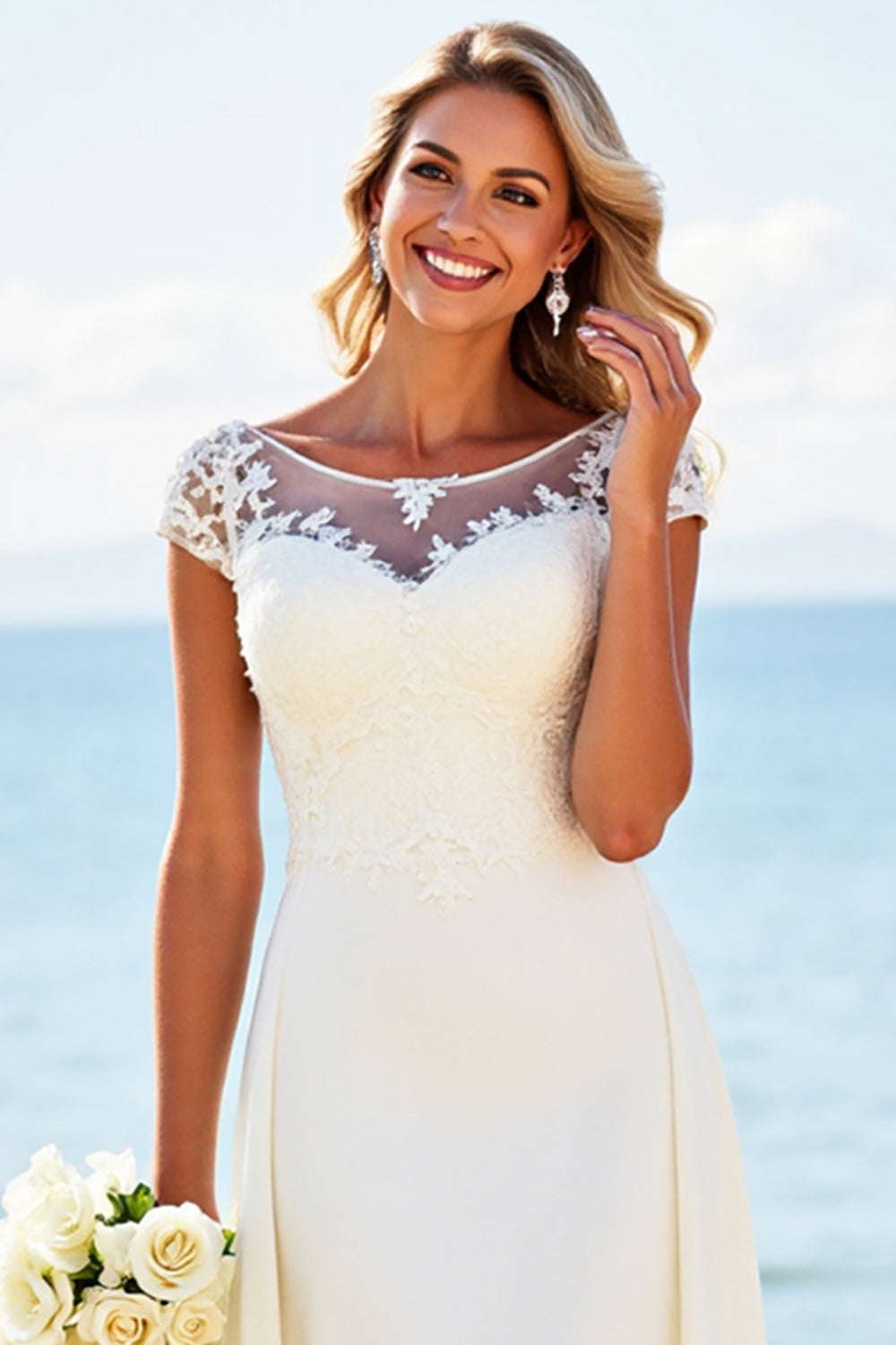 White Sheath Laced Scoop Satin Long Bridal Dress