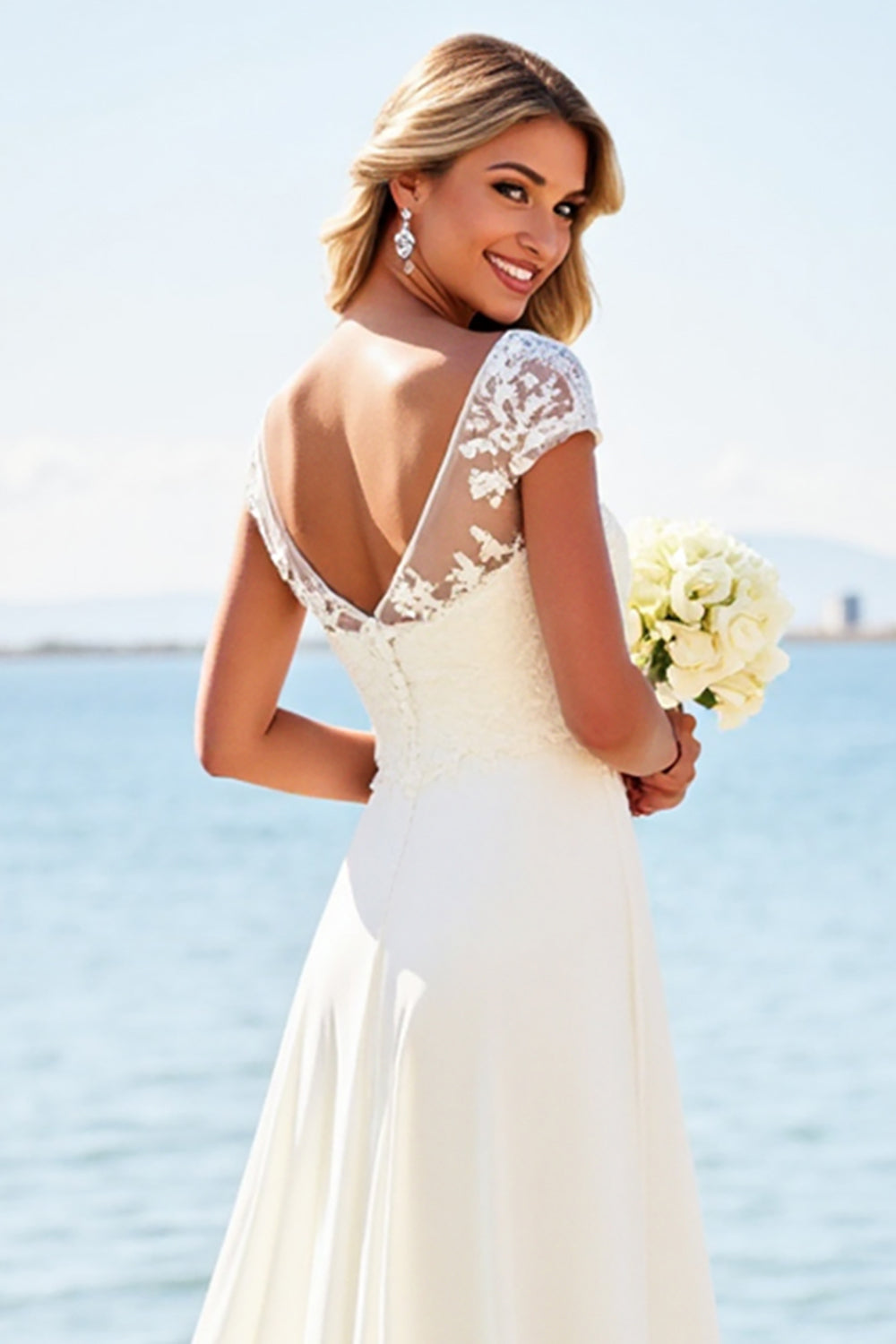White Sheath Laced Scoop Satin Long Bridal Dress