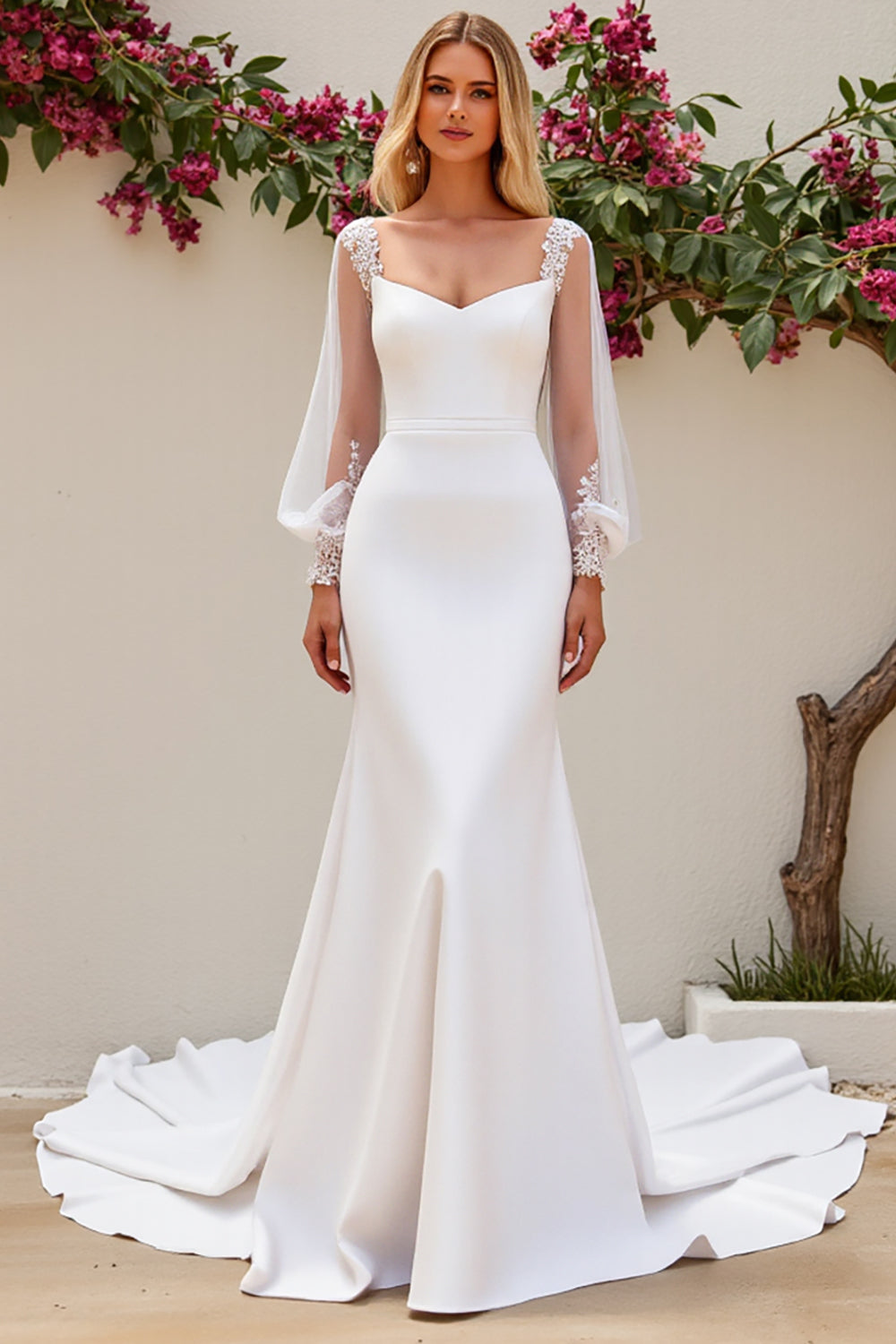 Ivory Mermaid V Neck Long Sleeves Satin Bridal Dress With Lace