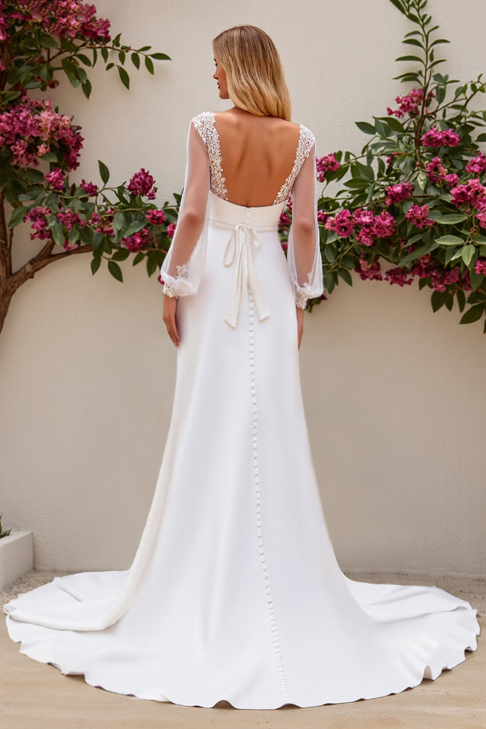 Ivory Mermaid V Neck Long Sleeves Satin Bridal Dress With Lace