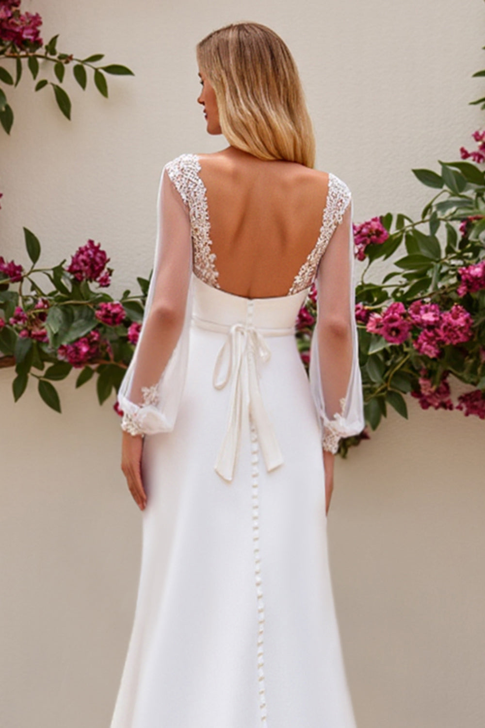 Ivory Mermaid V Neck Long Sleeves Satin Bridal Dress With Lace