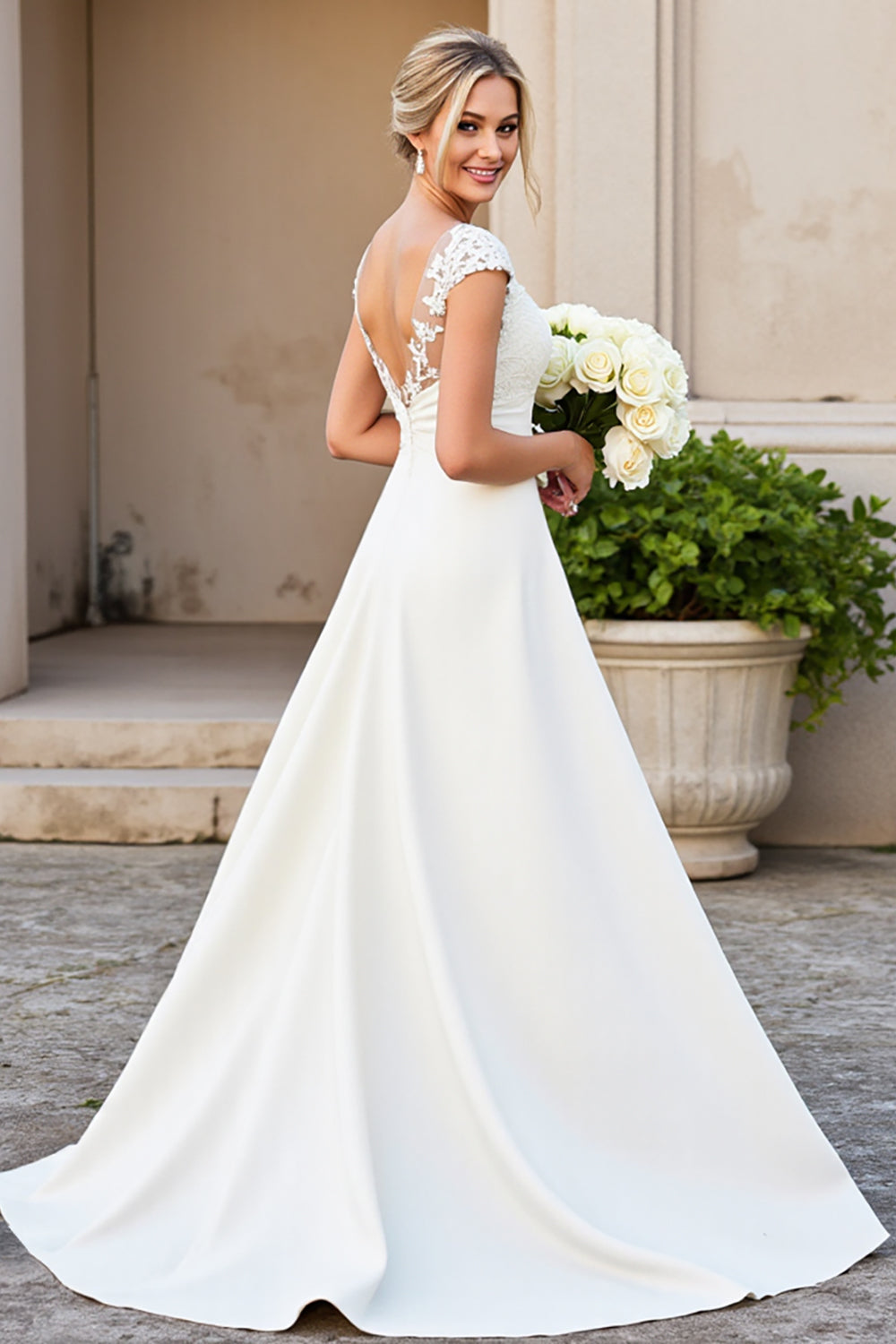 Ivory A-Line V Neck Satin Long Bridal Dress With Lace