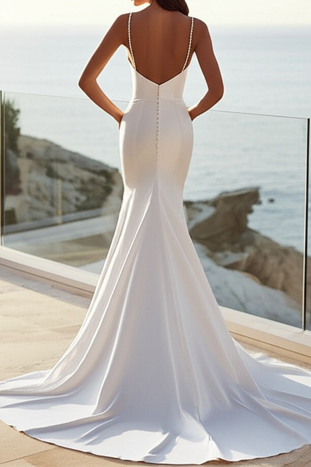 Mermaid lvory Spaghetti Straps Satin Long Wedding Dress