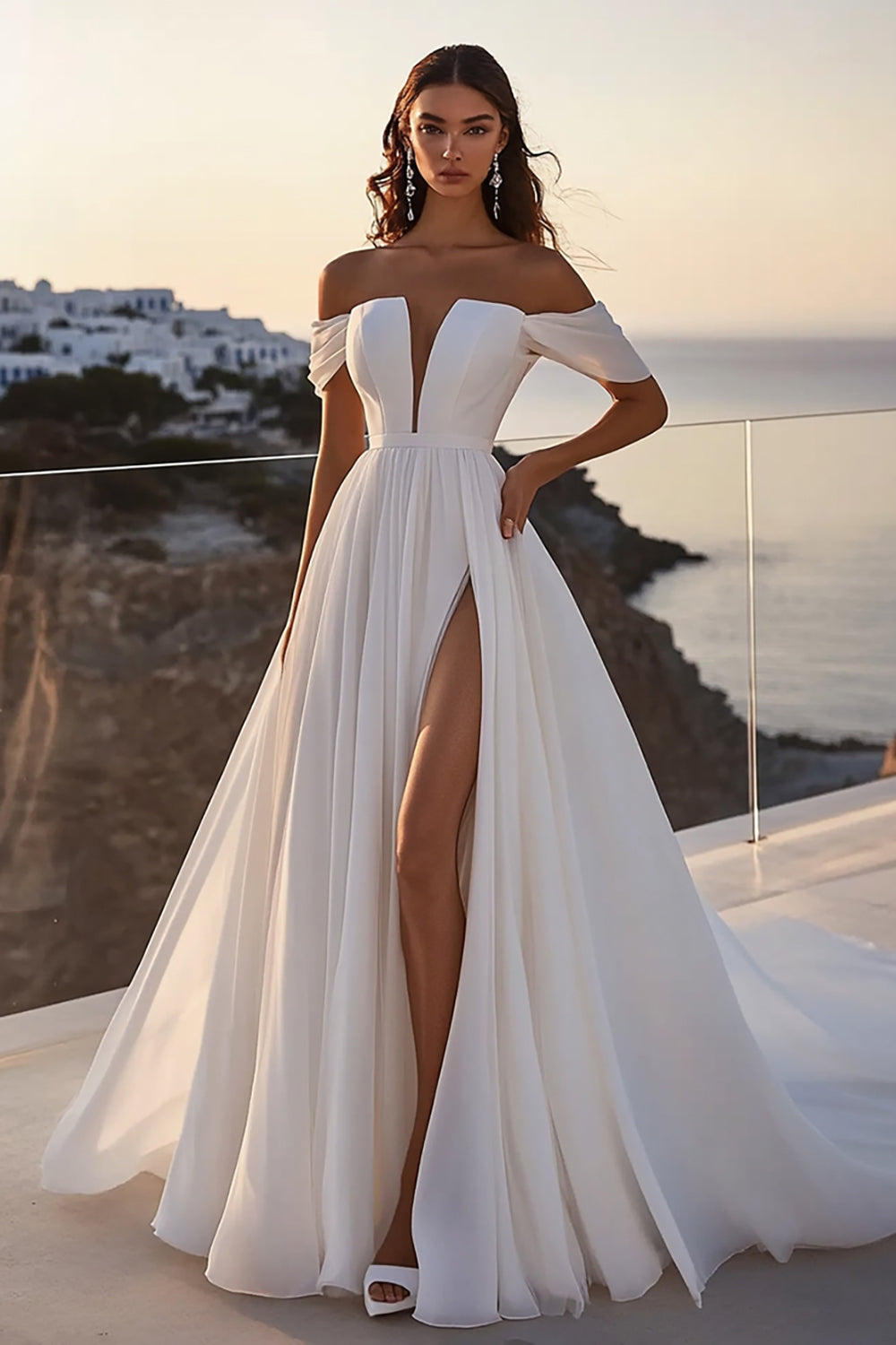 A Line lvory Off The Shoulder Long Wedding Dress With Slit