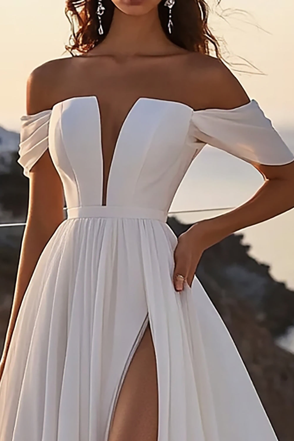 A Line lvory Off The Shoulder Long Wedding Dress With Slit