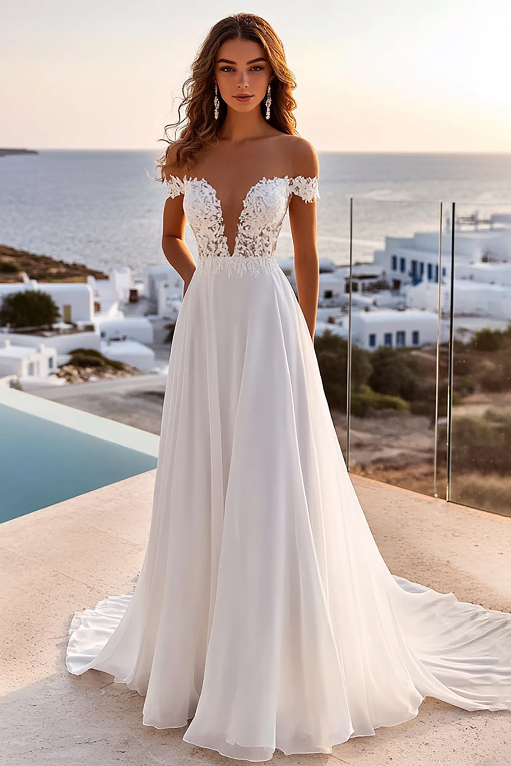 A Line lvory Off The Shoulder Pleated Long Wedding Dress
