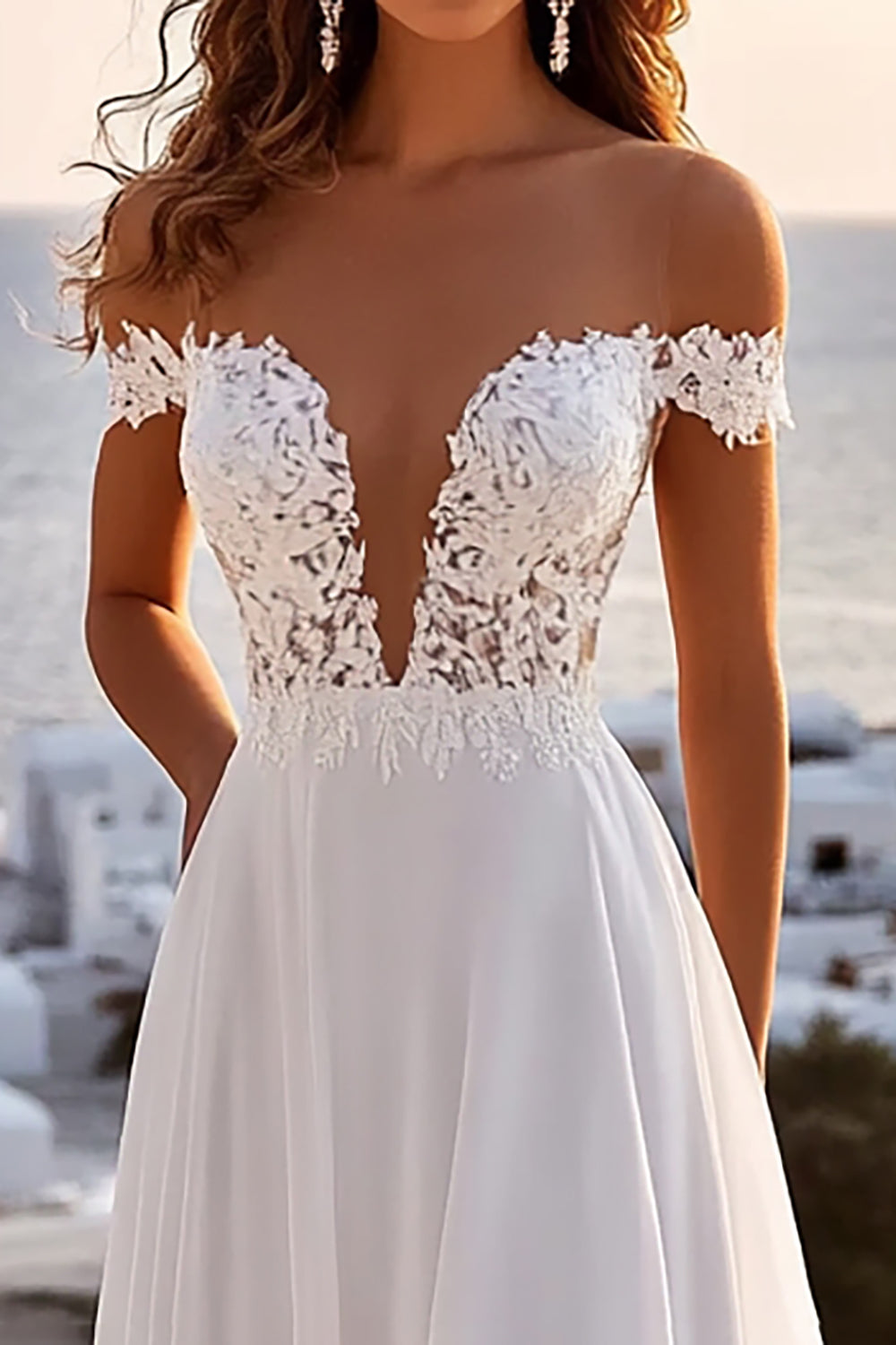 A Line lvory Off The Shoulder Pleated Long Wedding Dress