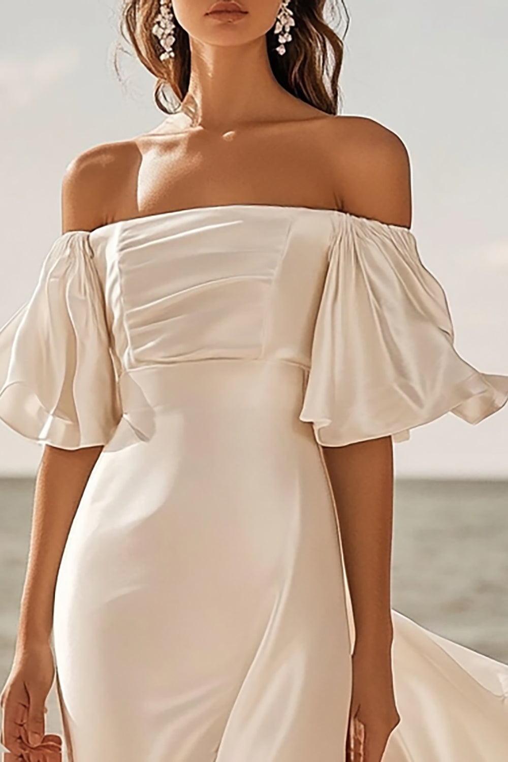 A Line lvory Off The Shoulder Pleated Satin Long Wedding Dress
