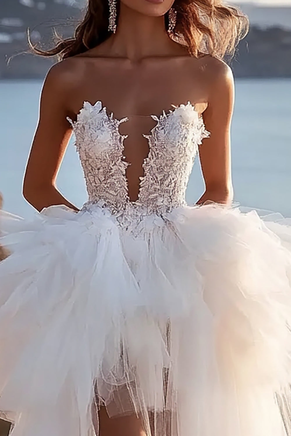 A Line Strapless lvory Pleated Wedding Dress With Slit