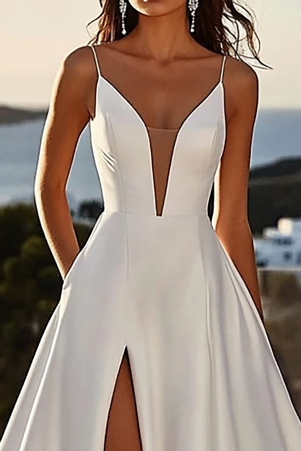 A Line Spaghetti Straps lvory Long Wedding Dress With Slit