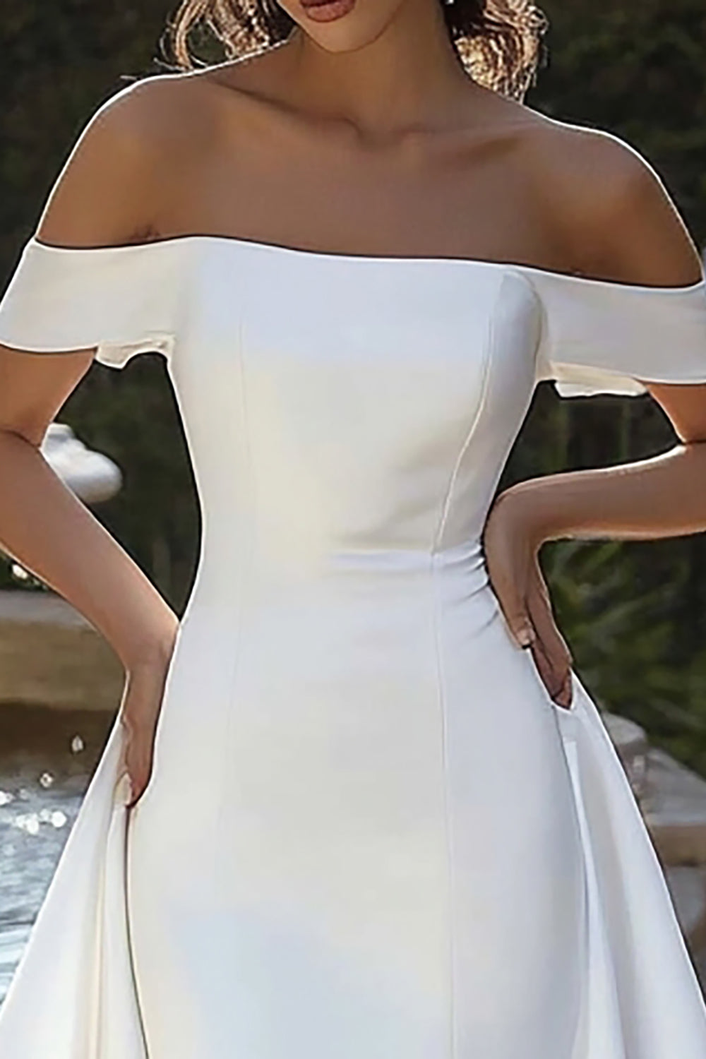 Ivory Off the Shoulder High-Low Wedding Dress with Draped Train