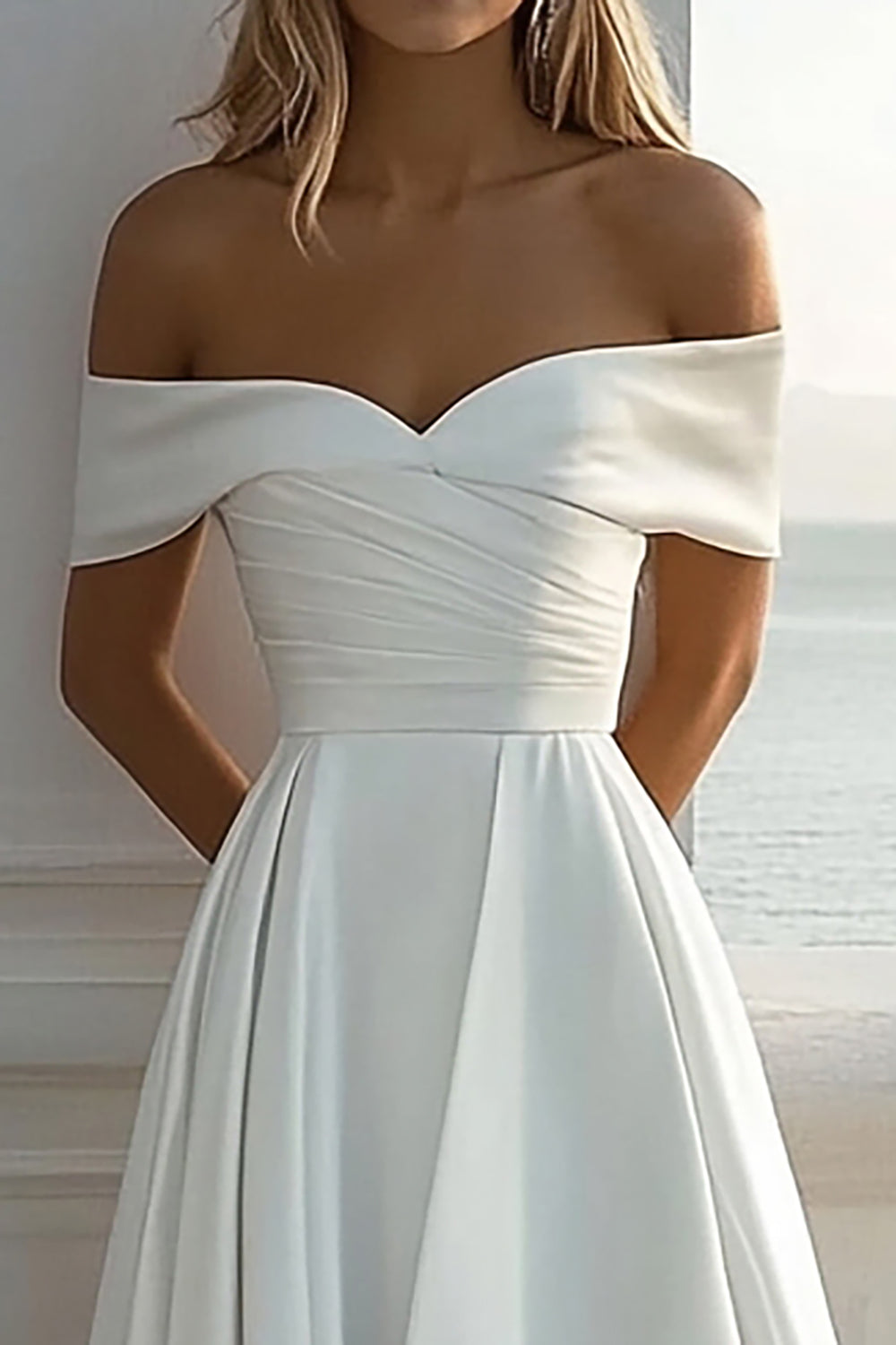 Off The Shoulder A Line Ivory Satin Wedding Dress With Slit