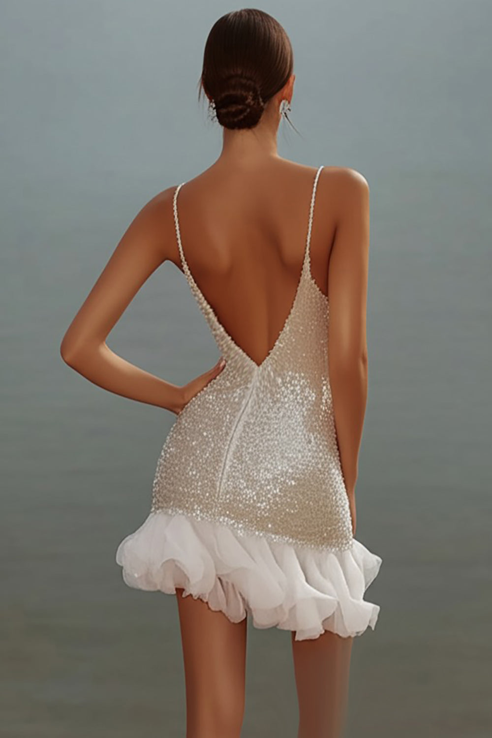 White Bodycon Spaghetti Straps Sequin Short Graduation Dress