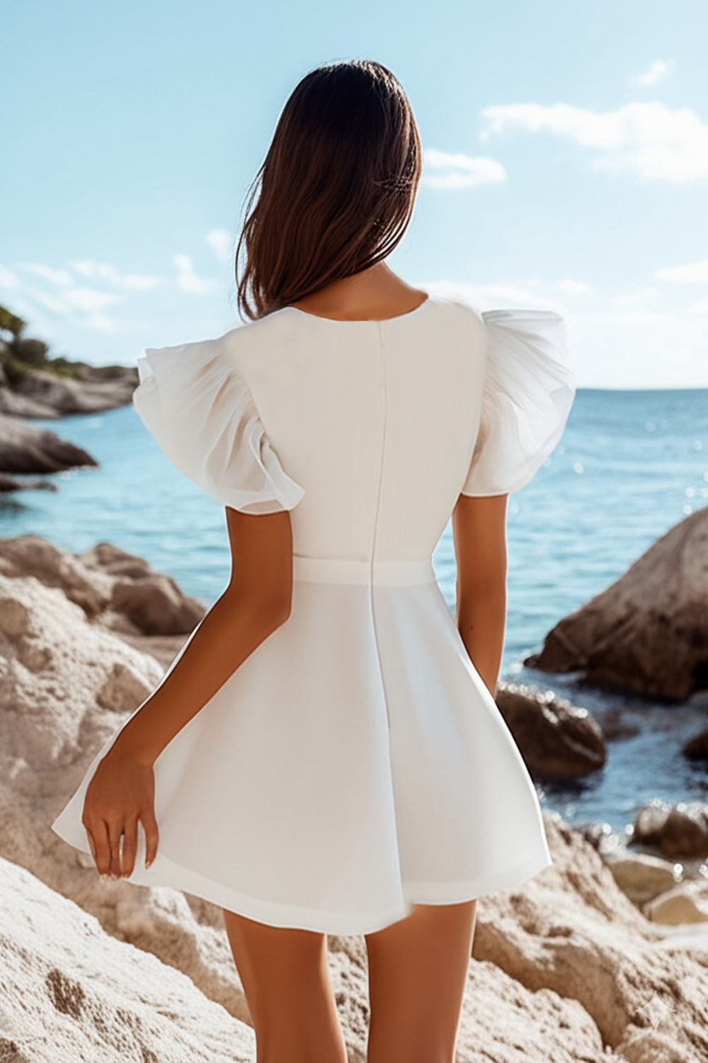 A Line White Ruffles Sleeves Short Graduation Dress
