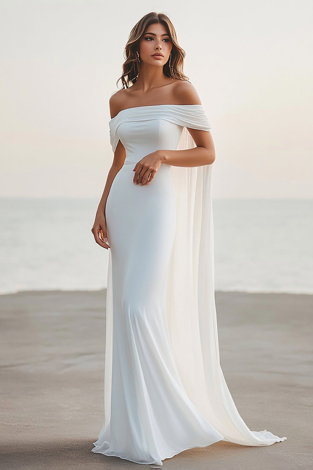 White Mermaid Off the Shoulder Long Wedding Dress with Cape