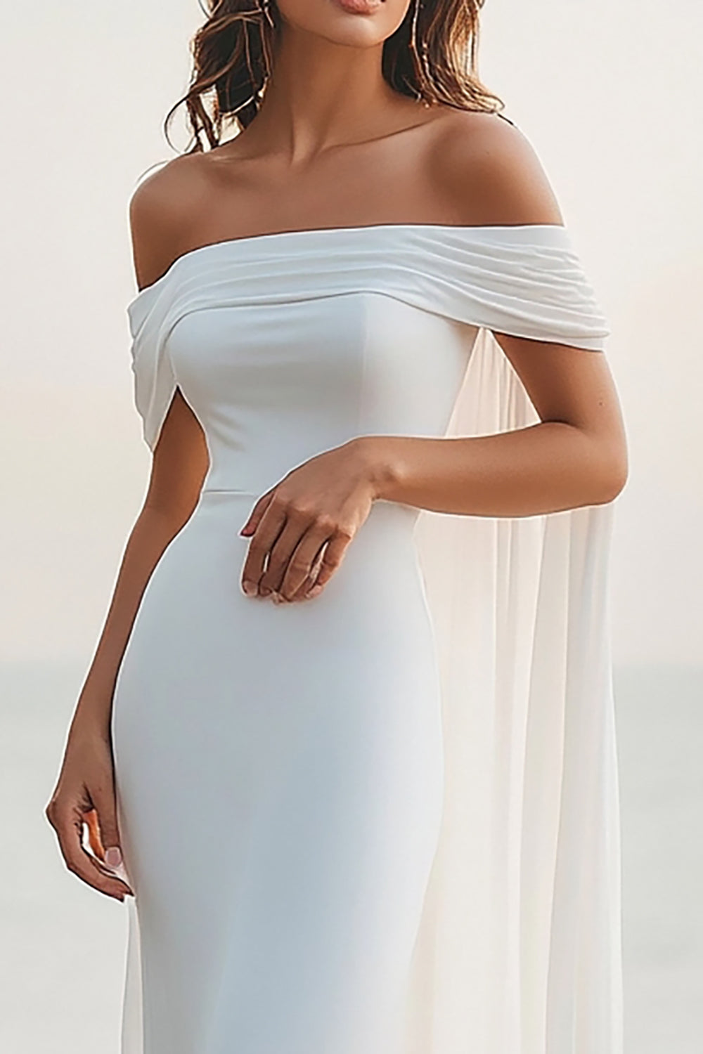 White Mermaid Off the Shoulder Long Wedding Dress with Cape