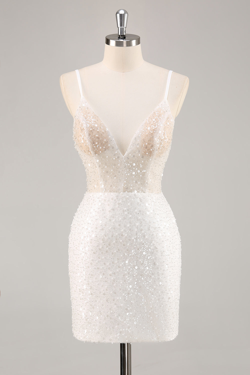 Sparkly White Sequins Bodycon Spaghetti Straps Graduation Dress