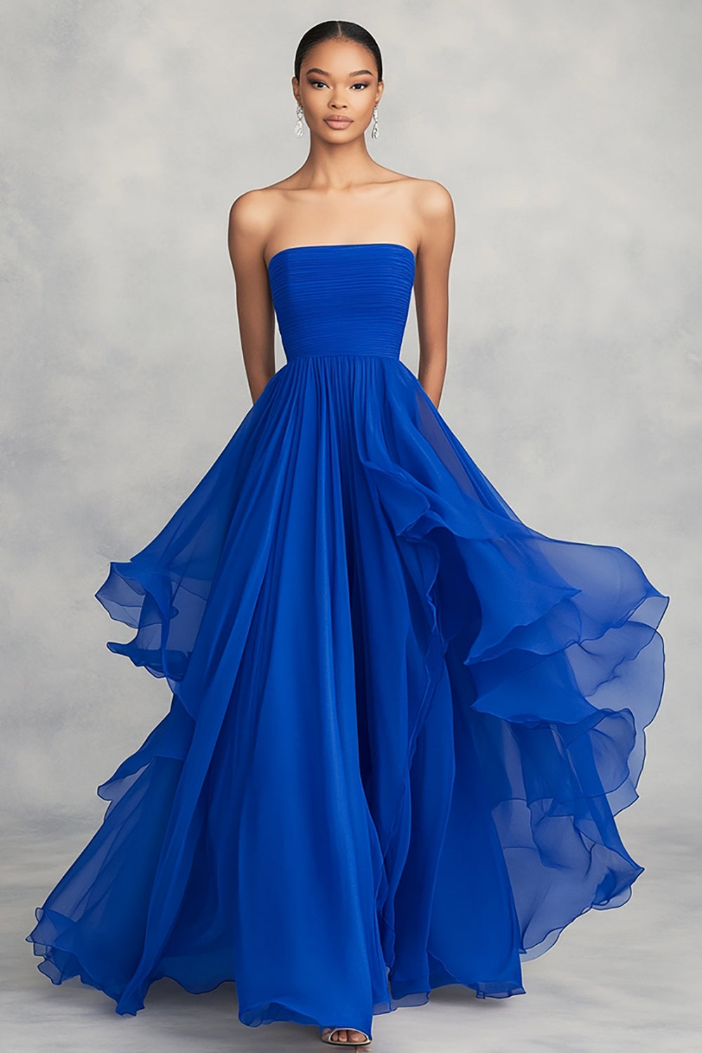 A Line Royal Blue Strapless Pleated Formal Dress
