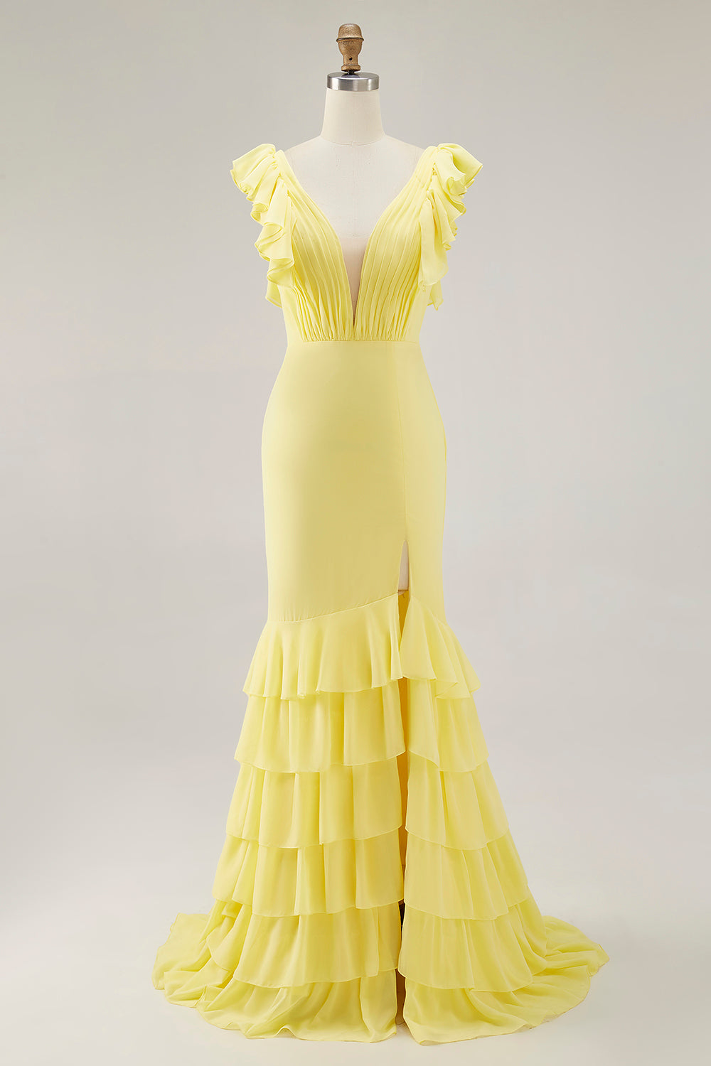 Yellow V-Neck Mermaid Ruffles Formal Dress with Slit