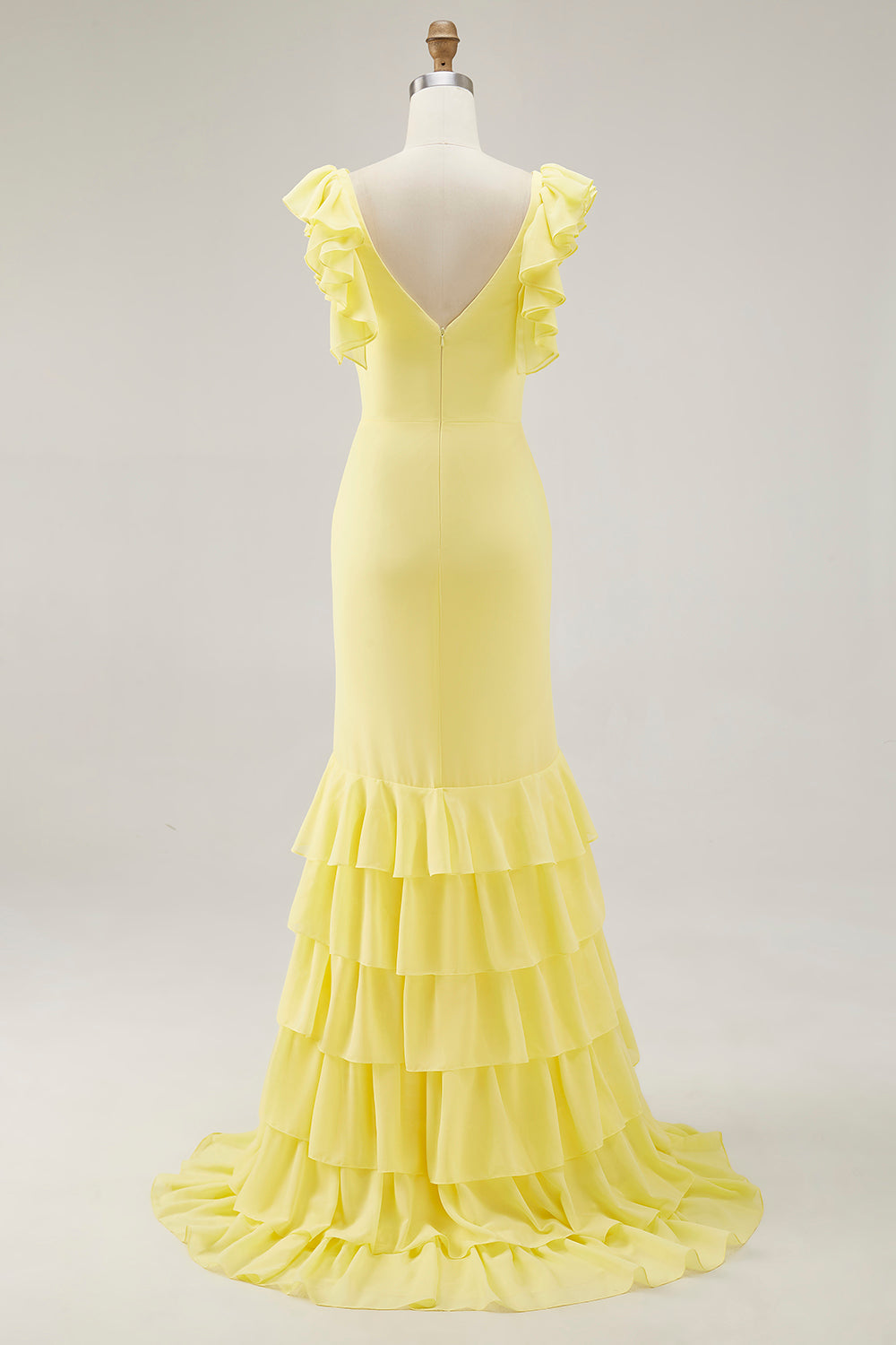 Yellow V-Neck Mermaid Ruffles Formal Dress with Slit