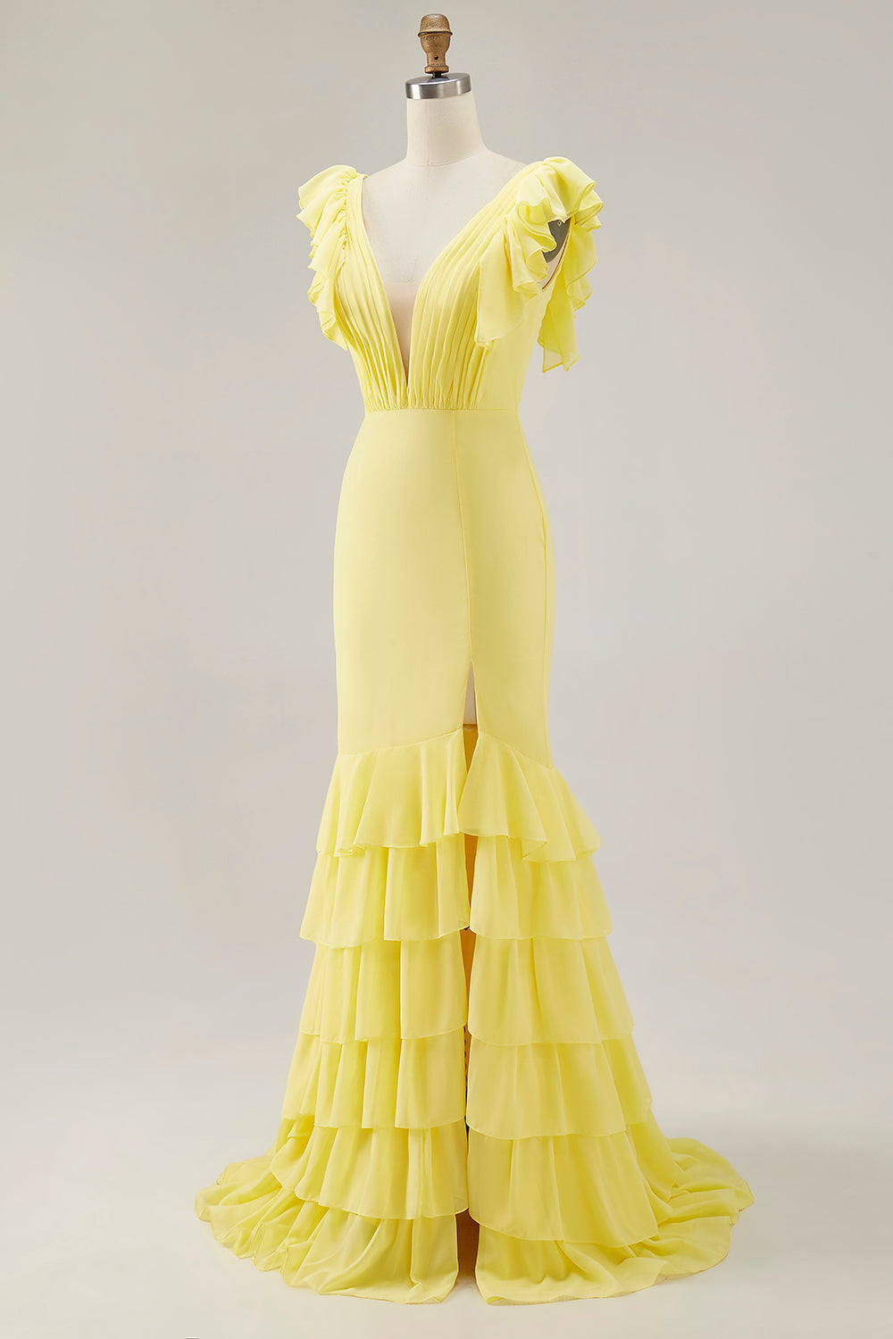 Yellow Mermaid V-Neck Tiered Long Formal Dress with Ruffled Slit