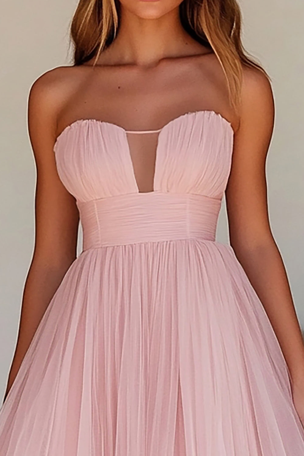 Pink A Line Strapless Tulle Wedding Guest Dress