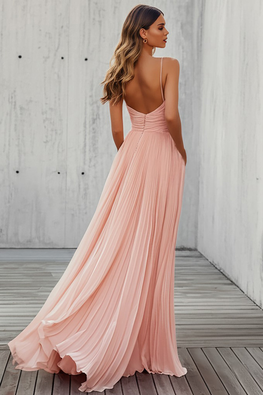 Pink A Line Pleated Long Wedding Guest Dress