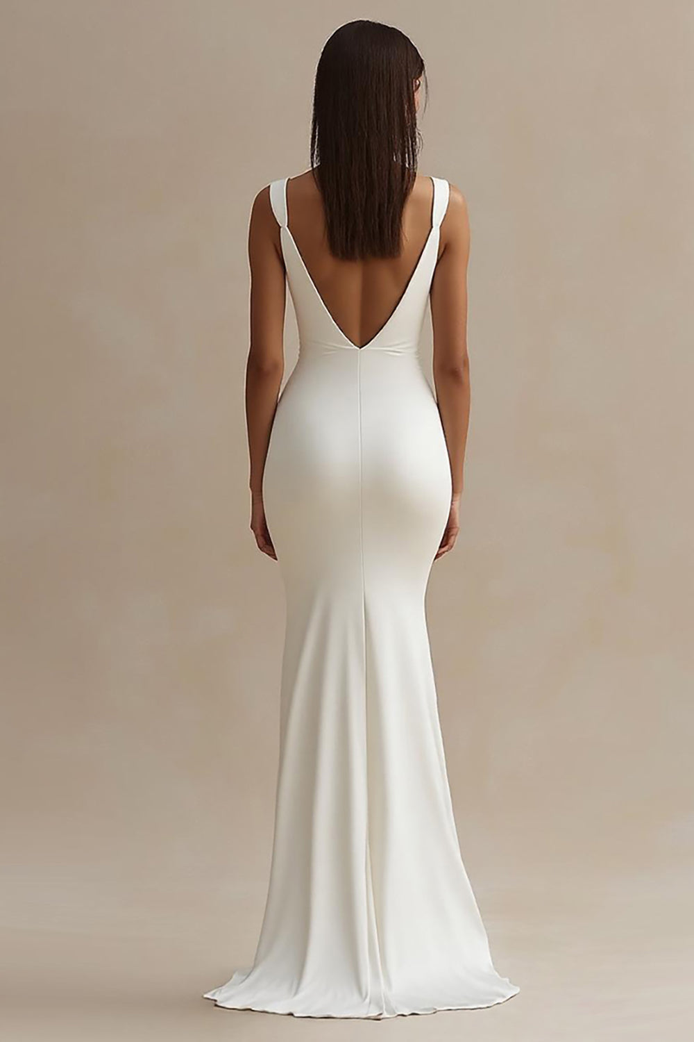 Simple White Satin V Neck Mermaid Wedding Dress with Slit