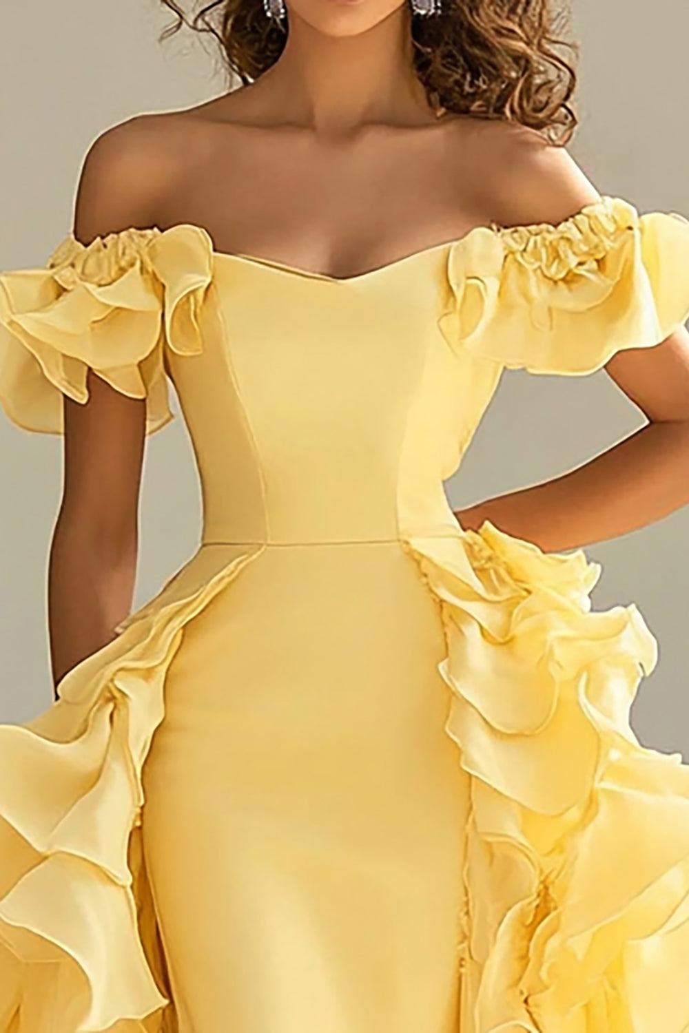 Yellow Off The Shoulder Mermaid Ruffles Satin Prom Dress
