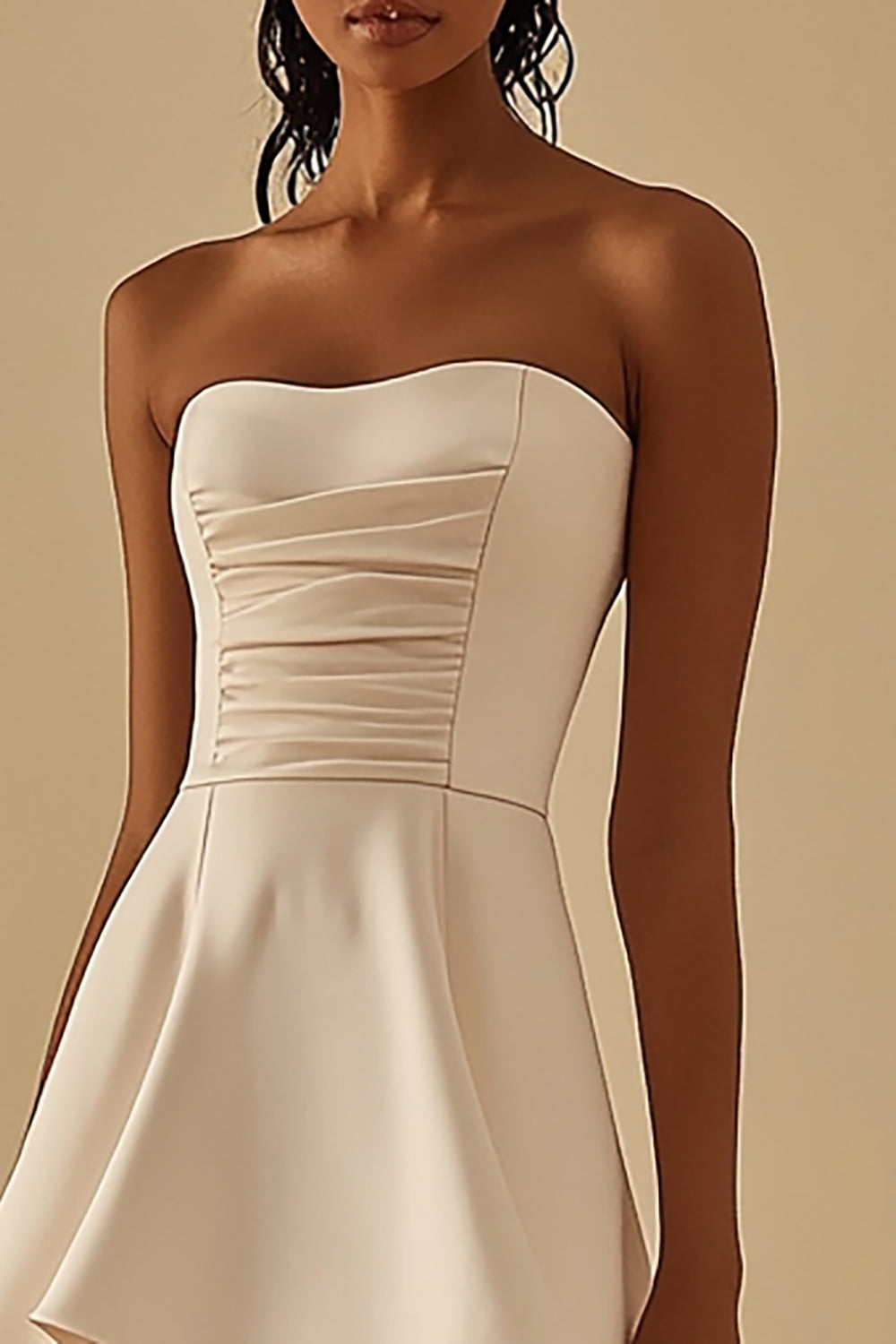 A Line Ivory Satin Strapless Ruched Graduation Dress
