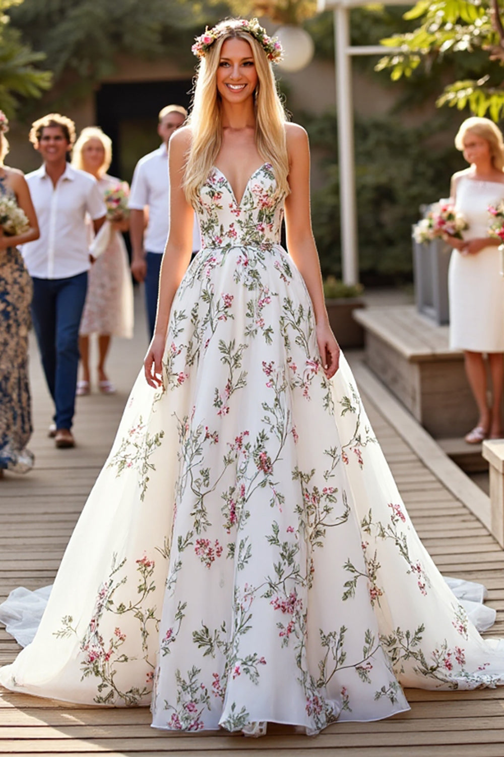A Line White Sweep Train Wedding Dress with Embroidery
