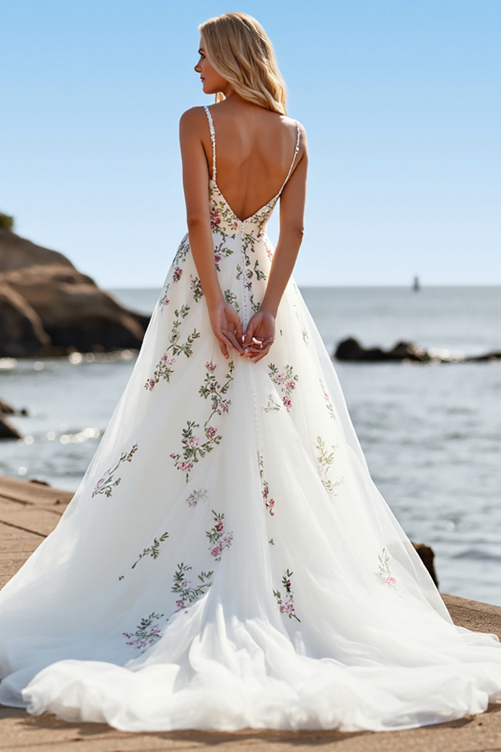 A Line White Tulle Spaghetti Straps Embroidered Boho Sweep Train Wedding Dress