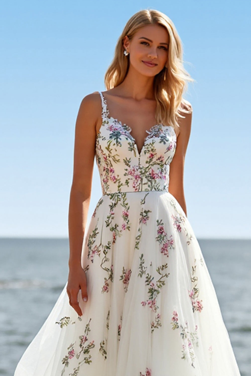 A Line White Tulle Spaghetti Straps Embroidered Boho Sweep Train Wedding Dress