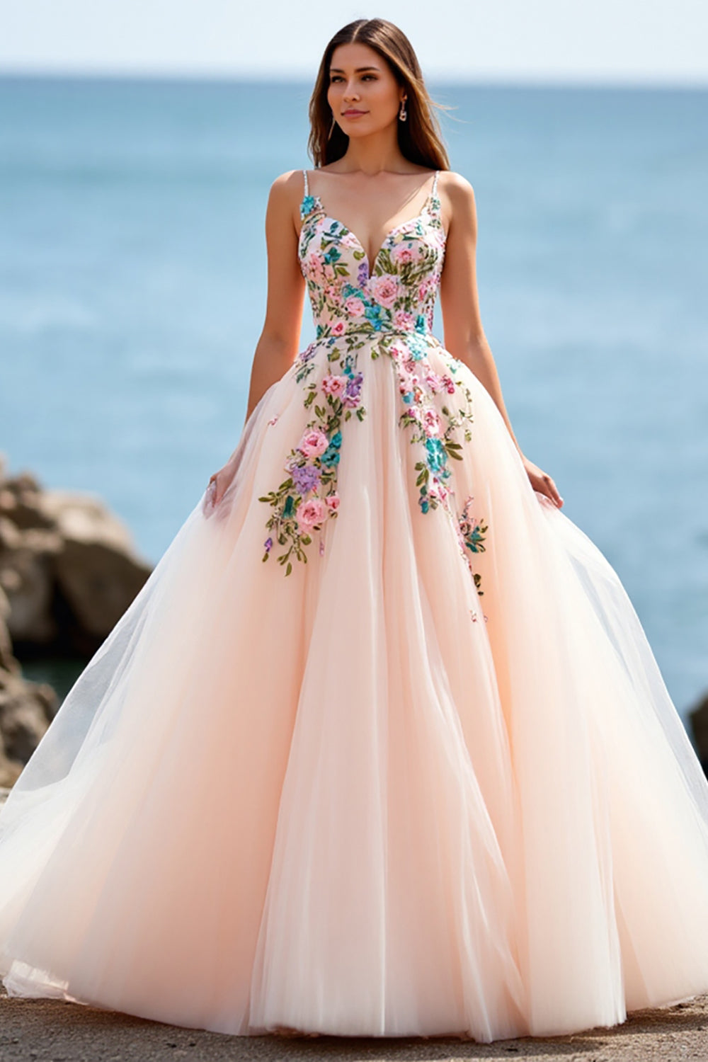 A Line Blush Spaghetti Straps Tulle Boho Sweep Train Boho Wedding Dress with Appliques
