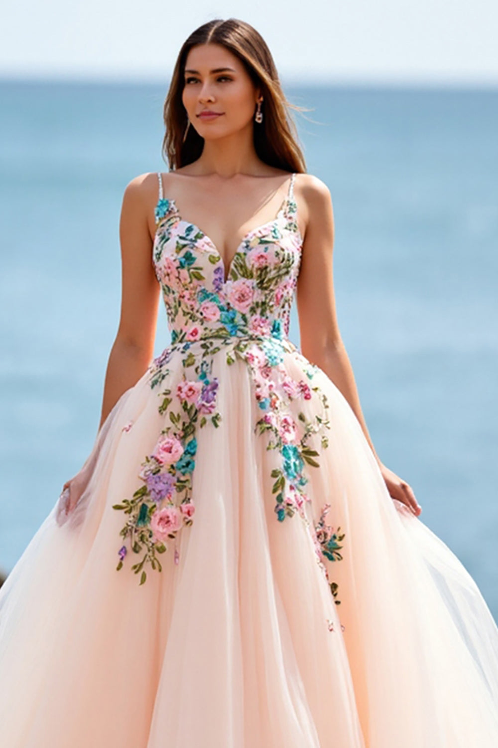 A Line Blush Spaghetti Straps Tulle Boho Sweep Train Boho Wedding Dress with Appliques