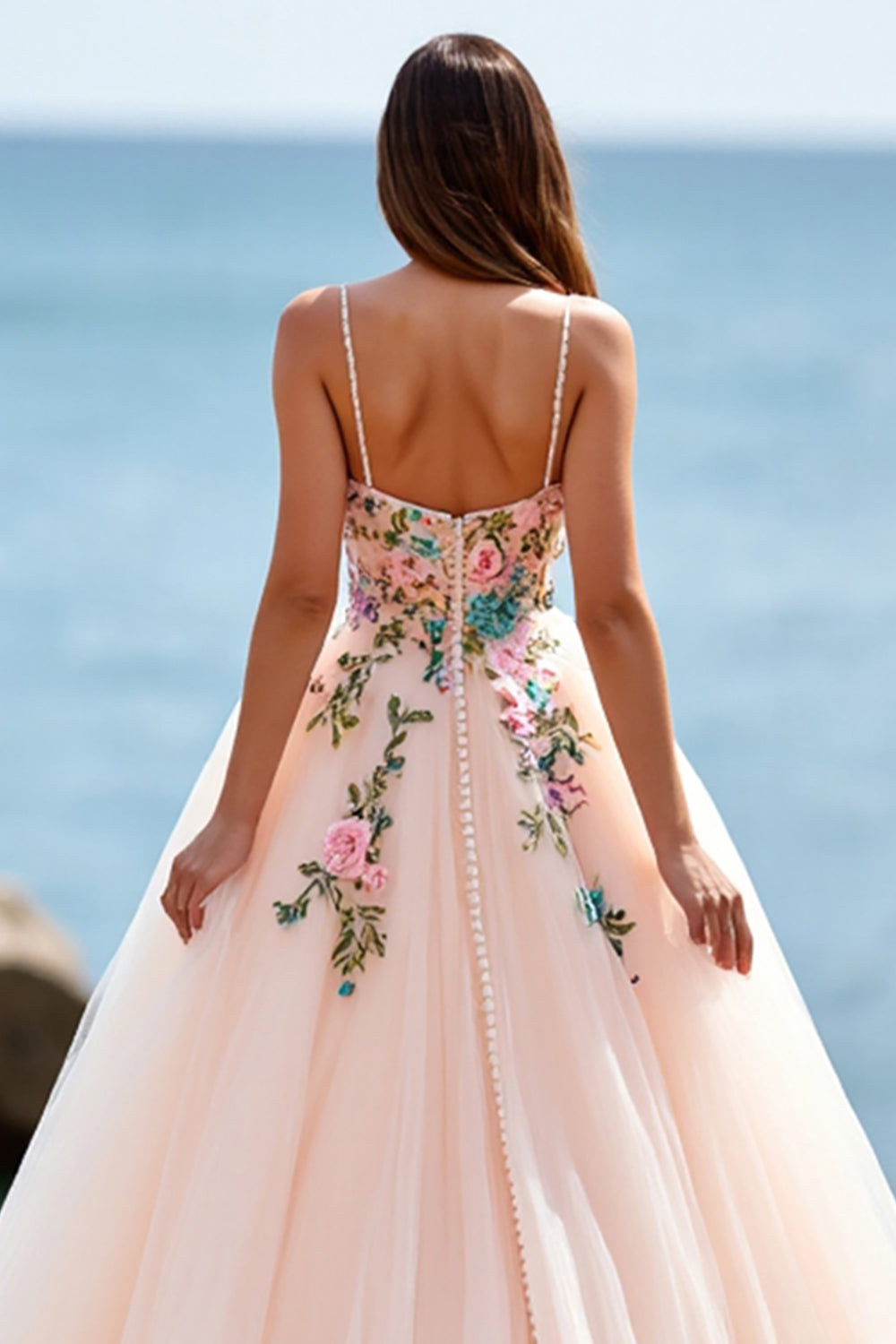 A Line Blush Spaghetti Straps Tulle Boho Sweep Train Boho Wedding Dress with Appliques