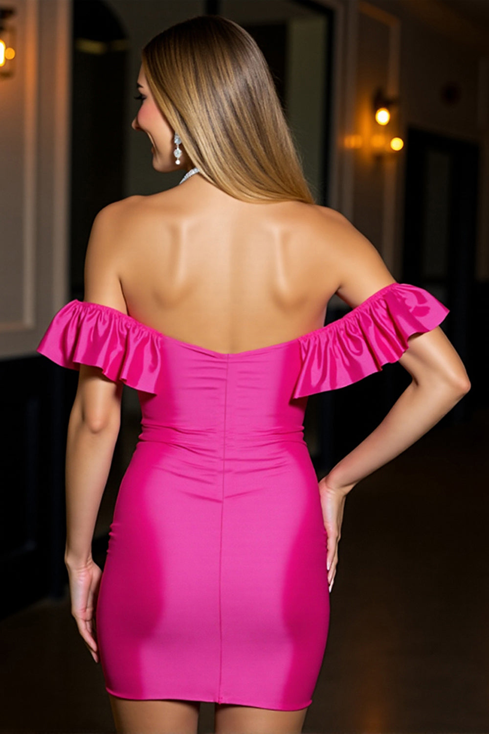 Off The Shoulder Fuchsia Satin Bodycon Short Homecoming Dress