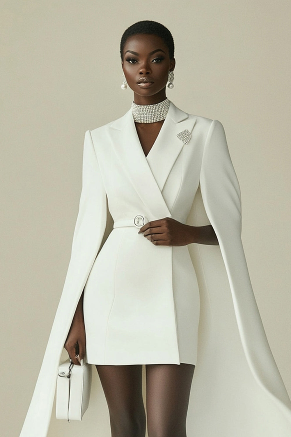 White Bodycon Peak Lapel Mini Work Dress with Cape