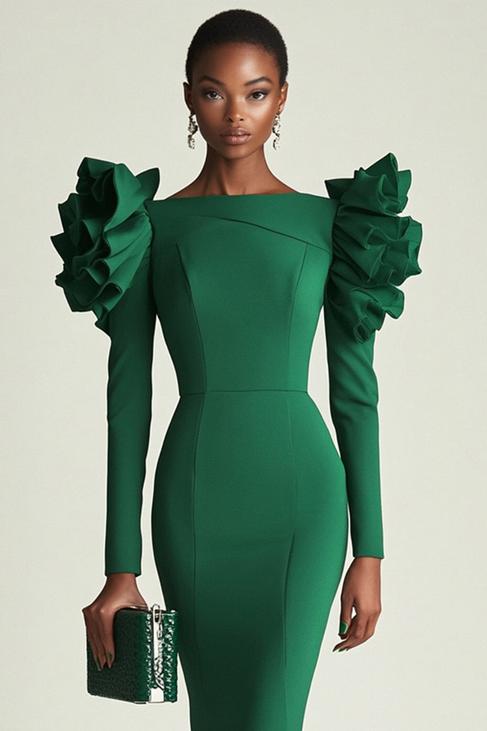 Dark Green Bodycon Long Sleeves Short Work Dress with Ruffles