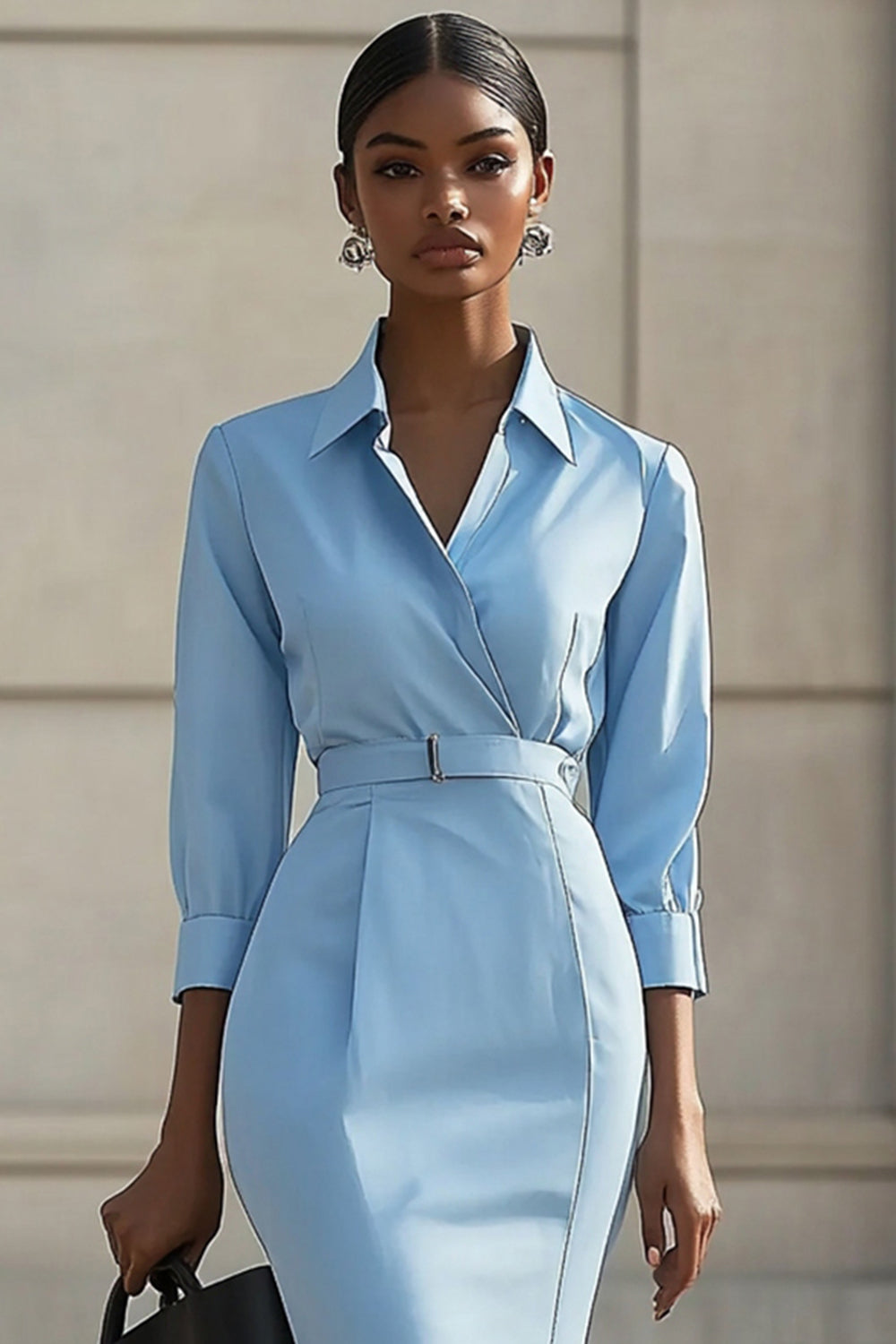 Sky Blue Bodycon Midi Work Dress with Belts