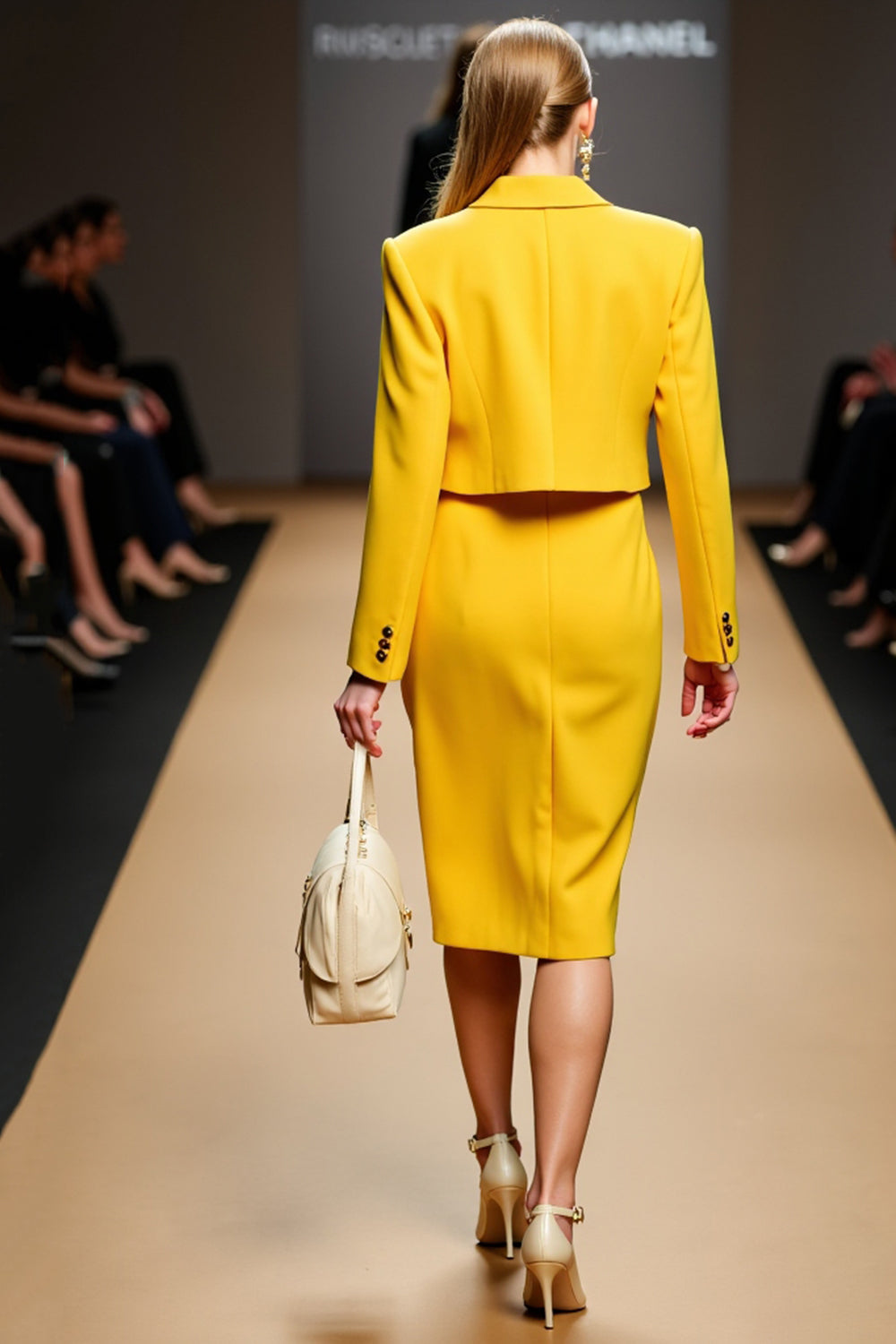 Yellow Sheath 2 Piece Peaked Lapel Work Dress