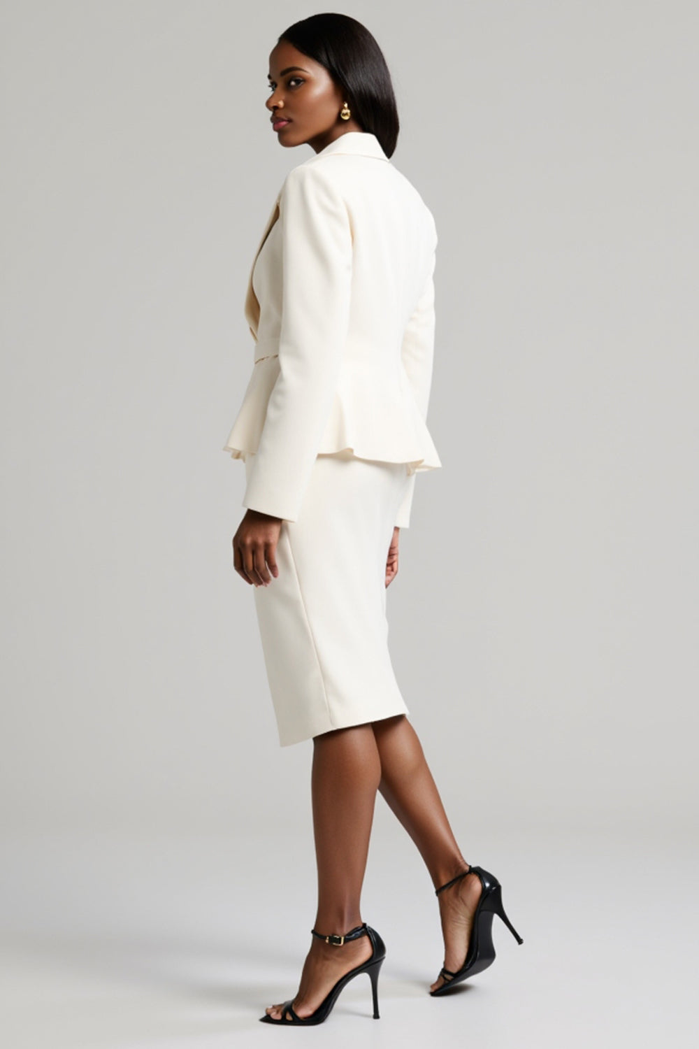 White Peak Lapel Long Sleeve Bodycon 2 Piece Midi Work Dress With Slit