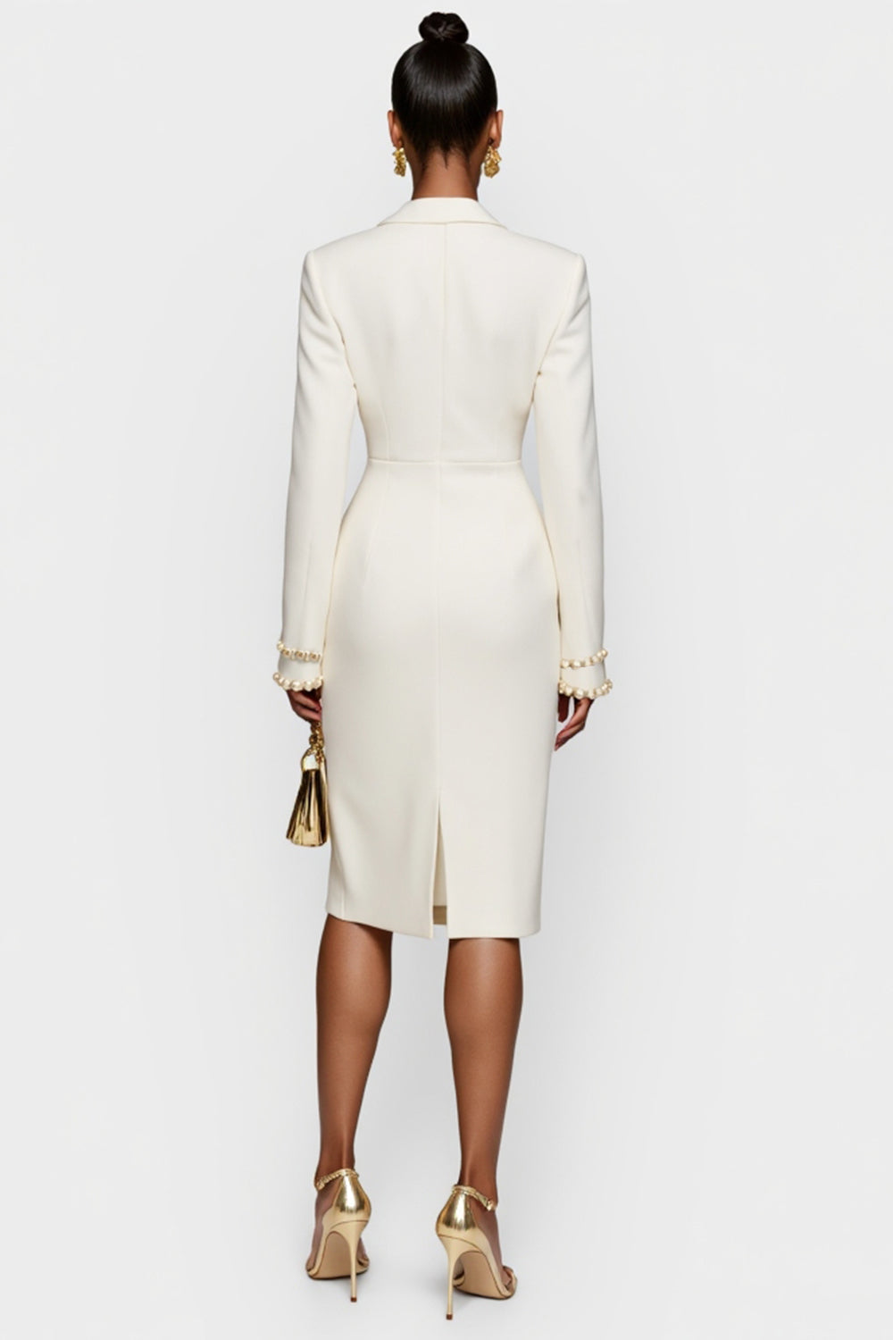 White Double Breasted Peak Lapel Bodycon Midi Work Dress